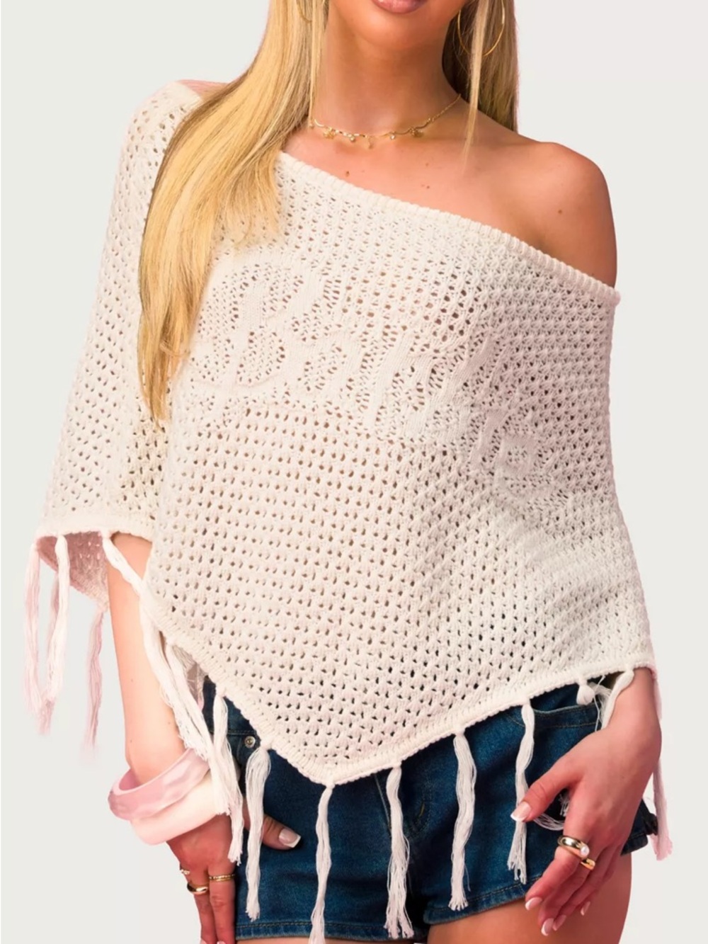 Edikted Ivory Crochet Fringe Poncho
